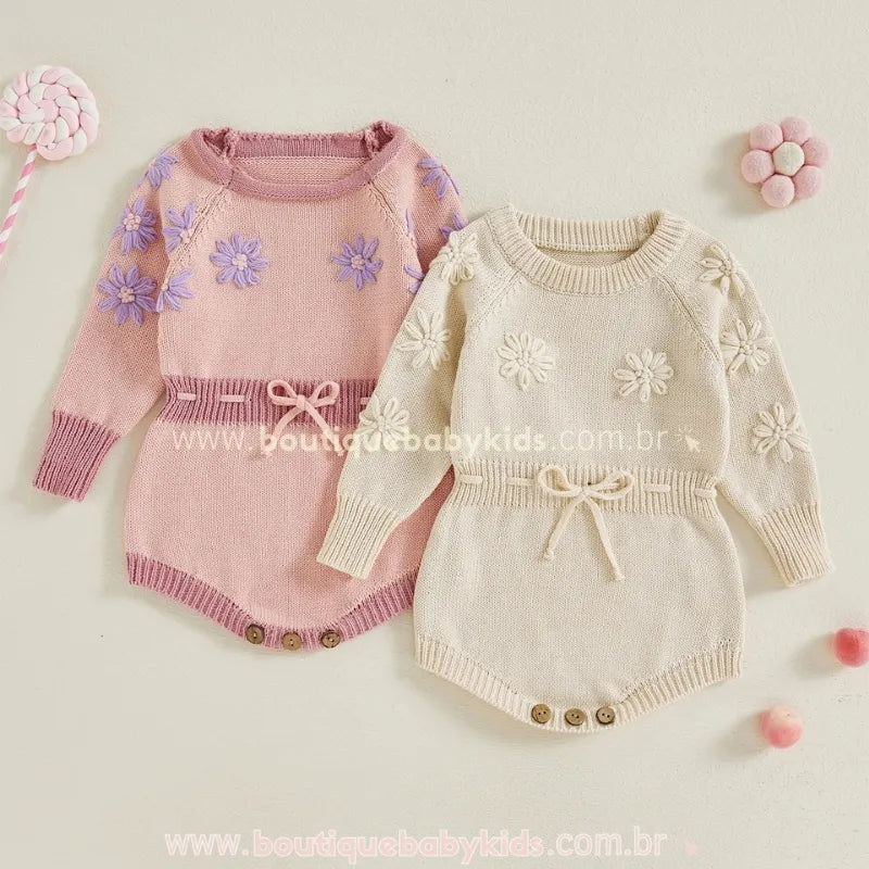Body Bebê Tricot Bordado de Flores Rosa & Bege - Ideal para o Inverno - Boutique Baby Kids 