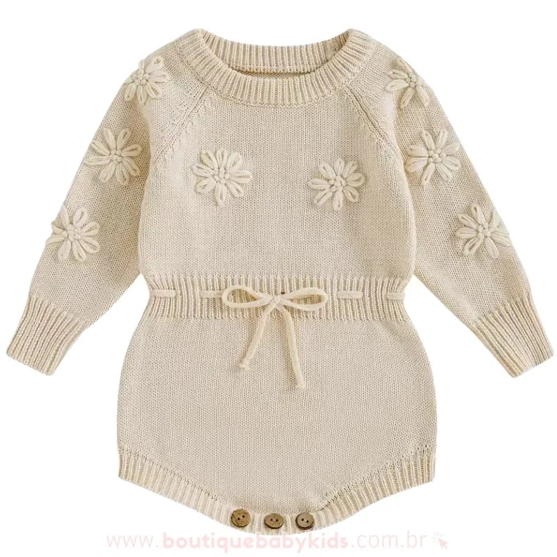 Body Bebê Tricot Bordado de Flores Bege - Ideal para o Inverno - Boutique Baby Kids 