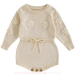 Body Bebê Tricot Bordado de Flores Bege - Ideal para o Inverno - Boutique Baby Kids 
