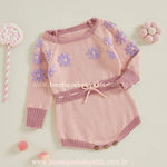 Body Bebê Tricot Bordado de Flores Rosa - Ideal para o Inverno - Boutique Baby Kids 