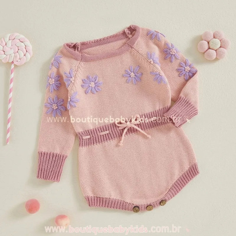 Body Bebê Tricot Bordado de Flores Rosa - Ideal para o Inverno - Boutique Baby Kids 