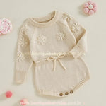 Body Bebê Tricot Bordado de Flores Bege - Ideal para o Inverno - Boutique Baby Kids 