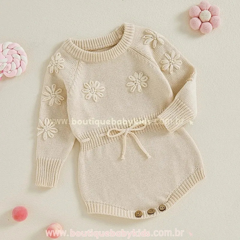 Body Bebê Tricot Bordado de Flores Bege - Ideal para o Inverno - Boutique Baby Kids 