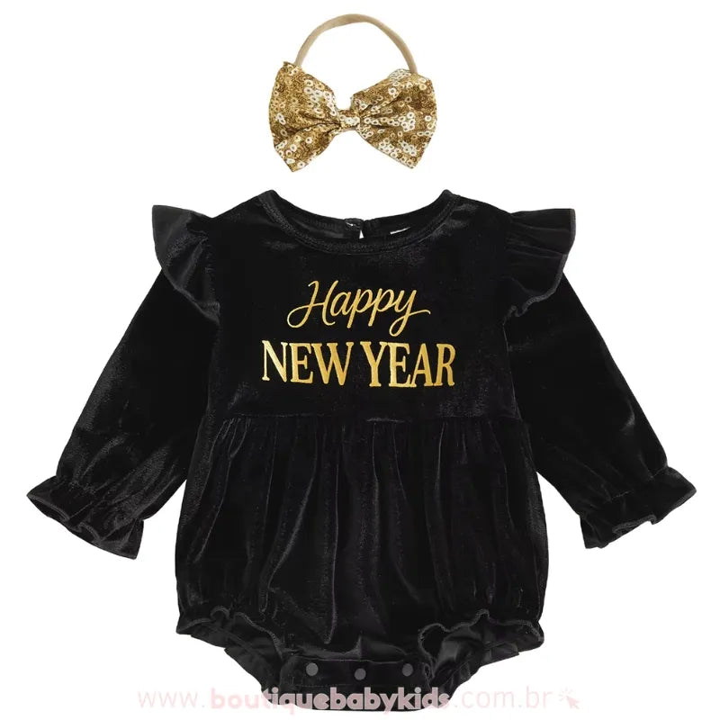 Body Bebê Veludo 'Happy New Year' com Faixa Preto e Dourado - Boutique Baby Kids