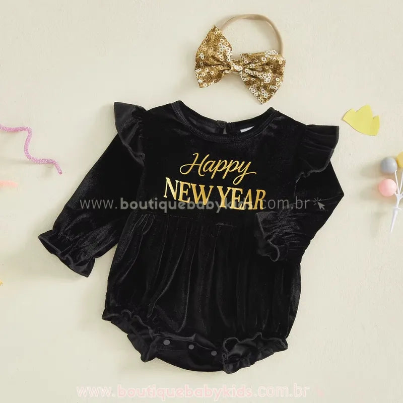 Body Bebê Veludo 'Happy New Year' com Faixa Preto e Dourado - Boutique Baby Kids