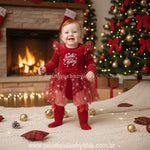 Body Bebê Natalino de Veludo 'Santa Baby' com Tule e Meia Vermelho - Boutique Baby Kids