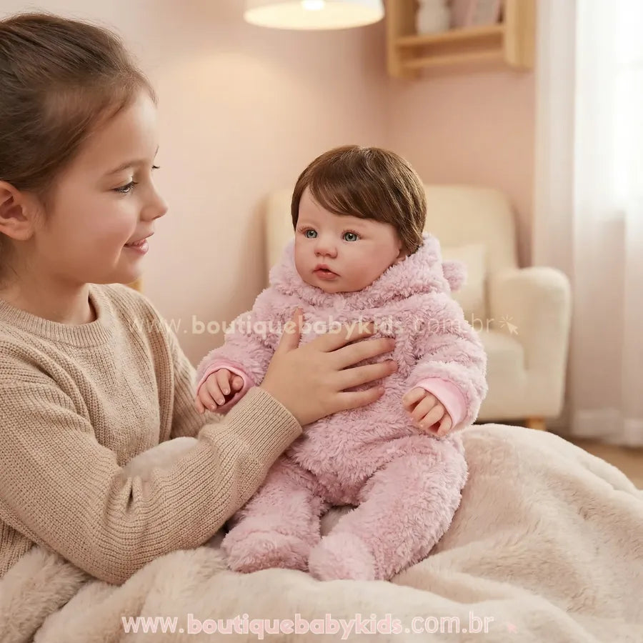 Criança sorrindo e interagindo com a Boneca Bebê Reborn Amira sentada à sua frente. Mostra um momento de brincadeira que destaca o realismo e a interatividade do produto.