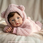 Bebê Reborn Amira deitada de bruços sobre uma manta xadrez. A boneca usa roupa de ursinho rosa com capuz e olha para a câmera, destacando seus olhos azuis realistas e cabelo castanho.