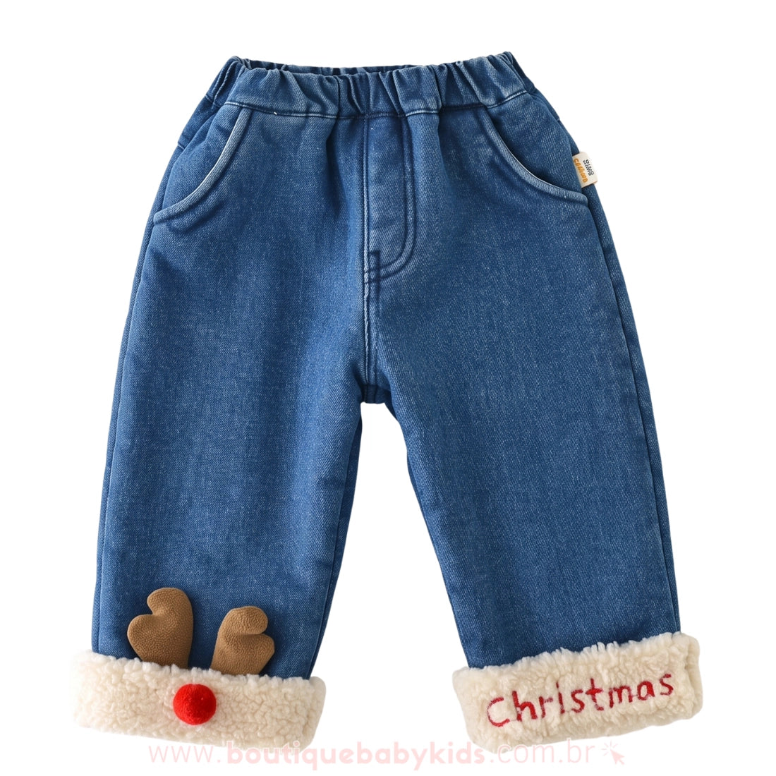 Calça Bebê Jeans Natalina Forrada Rena Christmas - Boutique Baby Kids