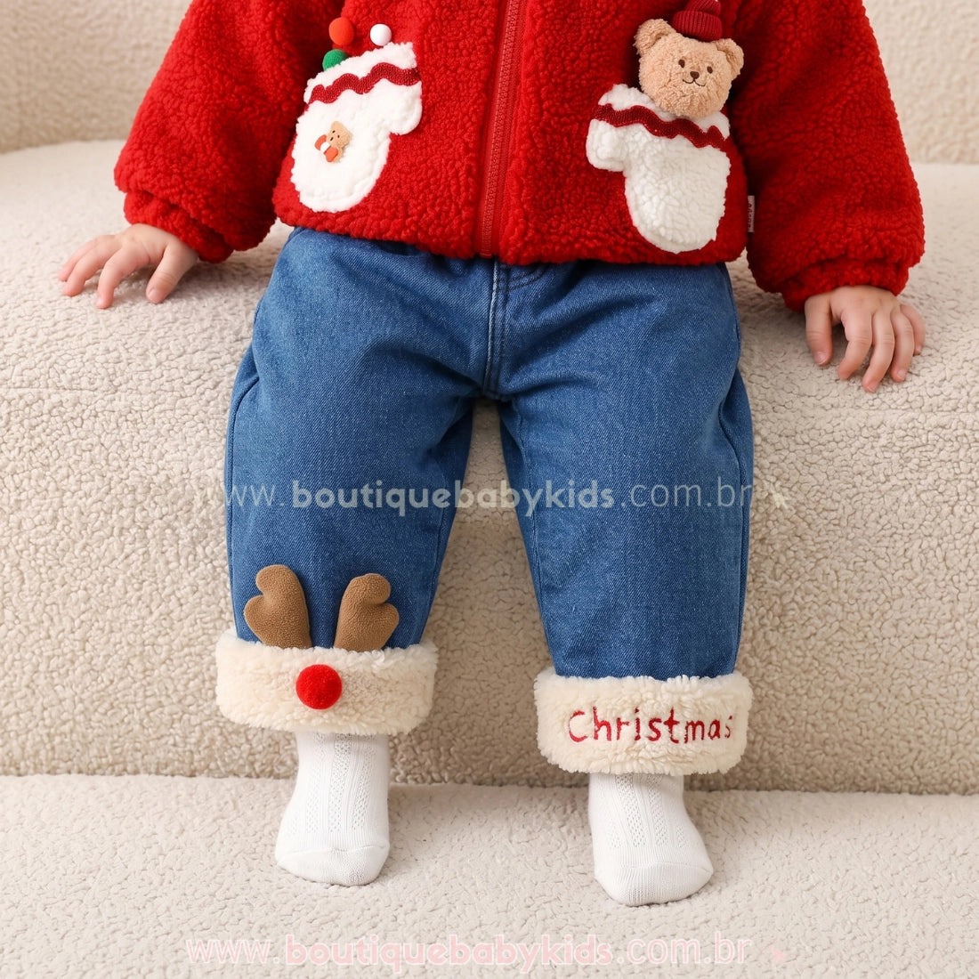 Calça Bebê Jeans Natalina Forrada Rena Christmas - Boutique Baby Kids