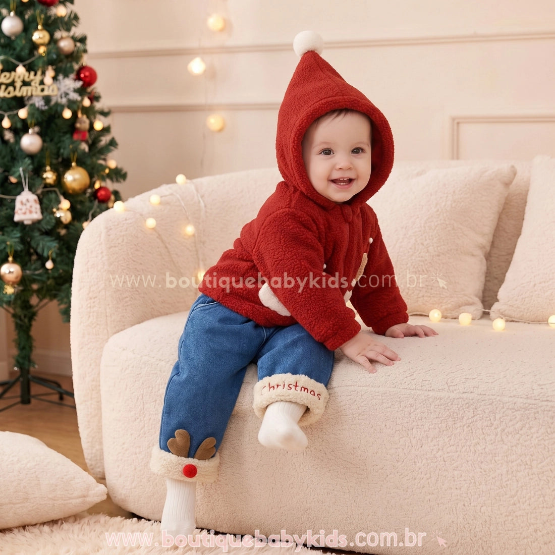Calça Bebê Jeans Natalina Forrada Rena Christmas - Boutique Baby Kids