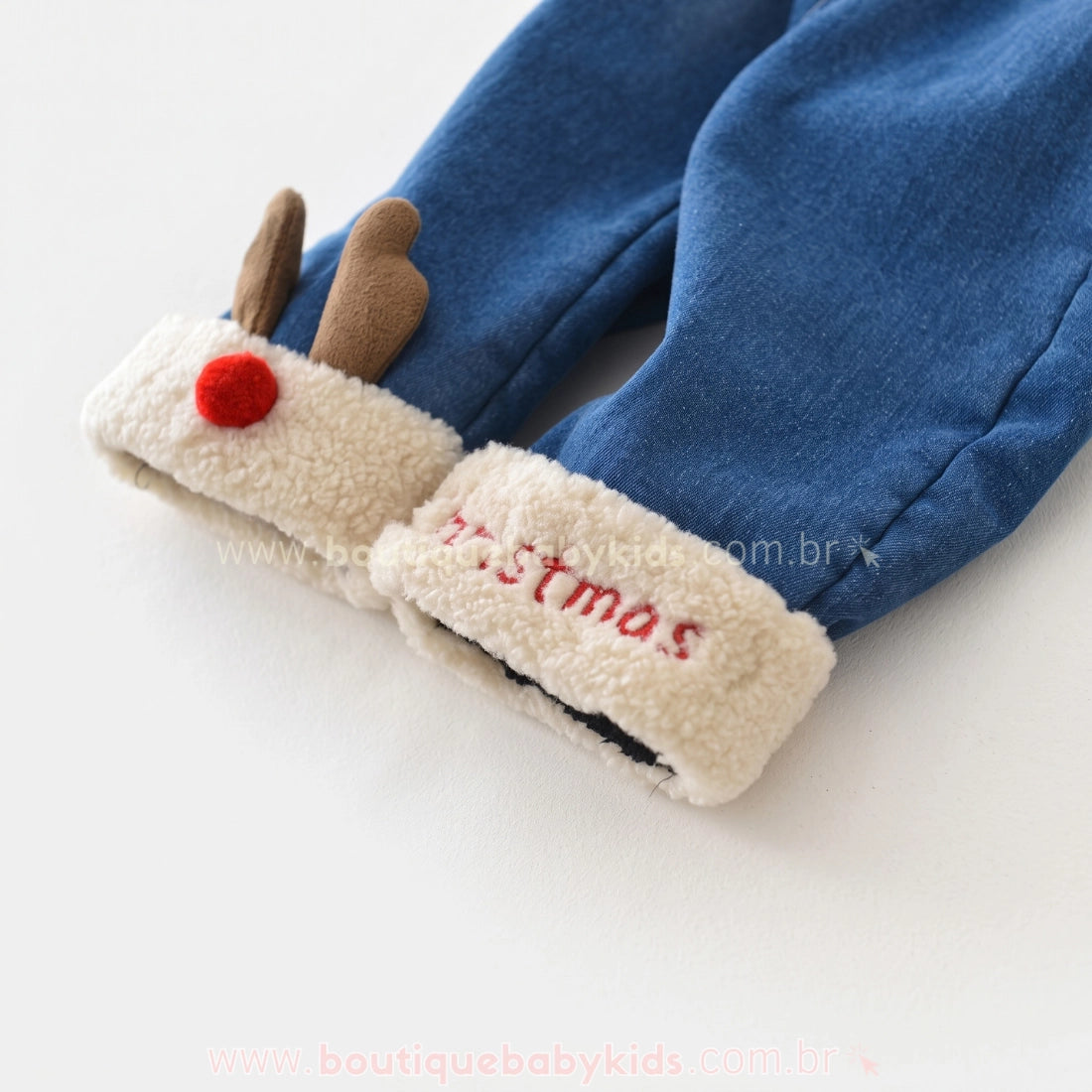 Detalhes da Calça Bebê Jeans Natalina Forrada Rena Christmas - Boutique Baby Kids