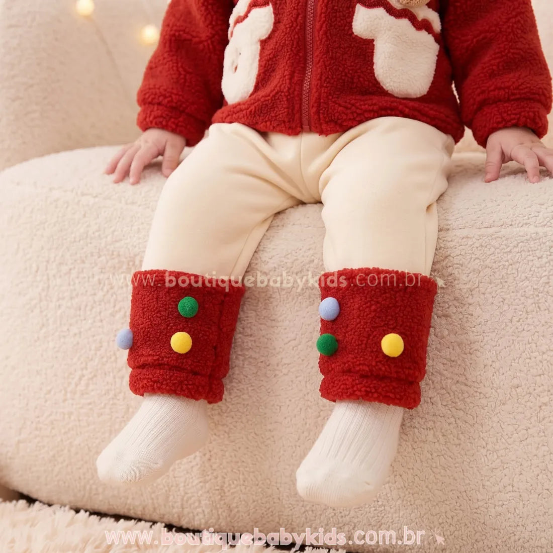 Calça Bebê Natalina com Barra Peludinha e Pompons - Boutique Baby Kids