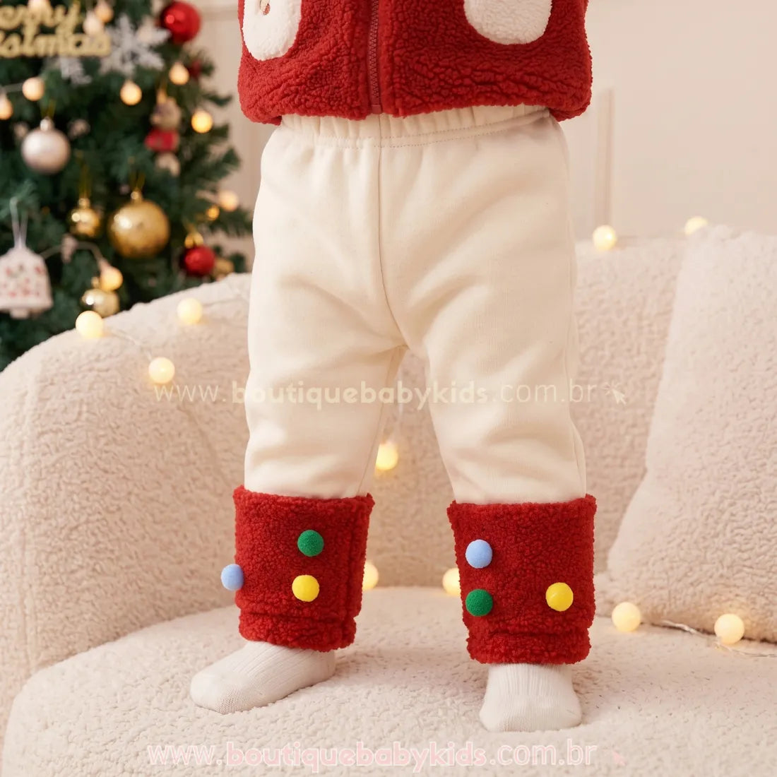 Calça Bebê Natalina com Barra Peludinha e Pompons - Boutique Baby Kids