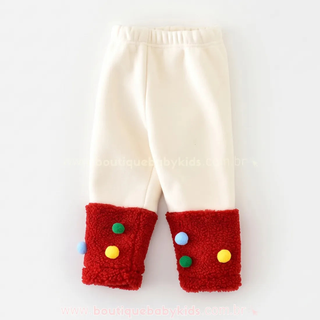 Calça Bebê Natalina com Barra Peludinha e Pompons - Boutique Baby Kids