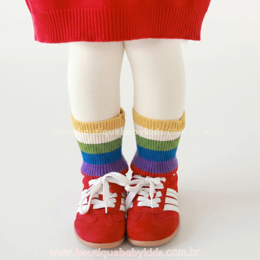 Calça Infantil Legging Off-White com Barra Canelada Arco-Íris - Boutique Baby Kids
