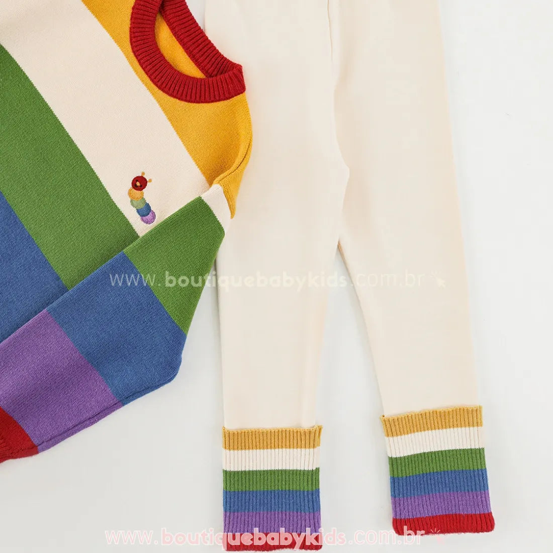Calça Infantil Legging Off-White com Barra Canelada Arco-Íris - Boutique Baby Kids