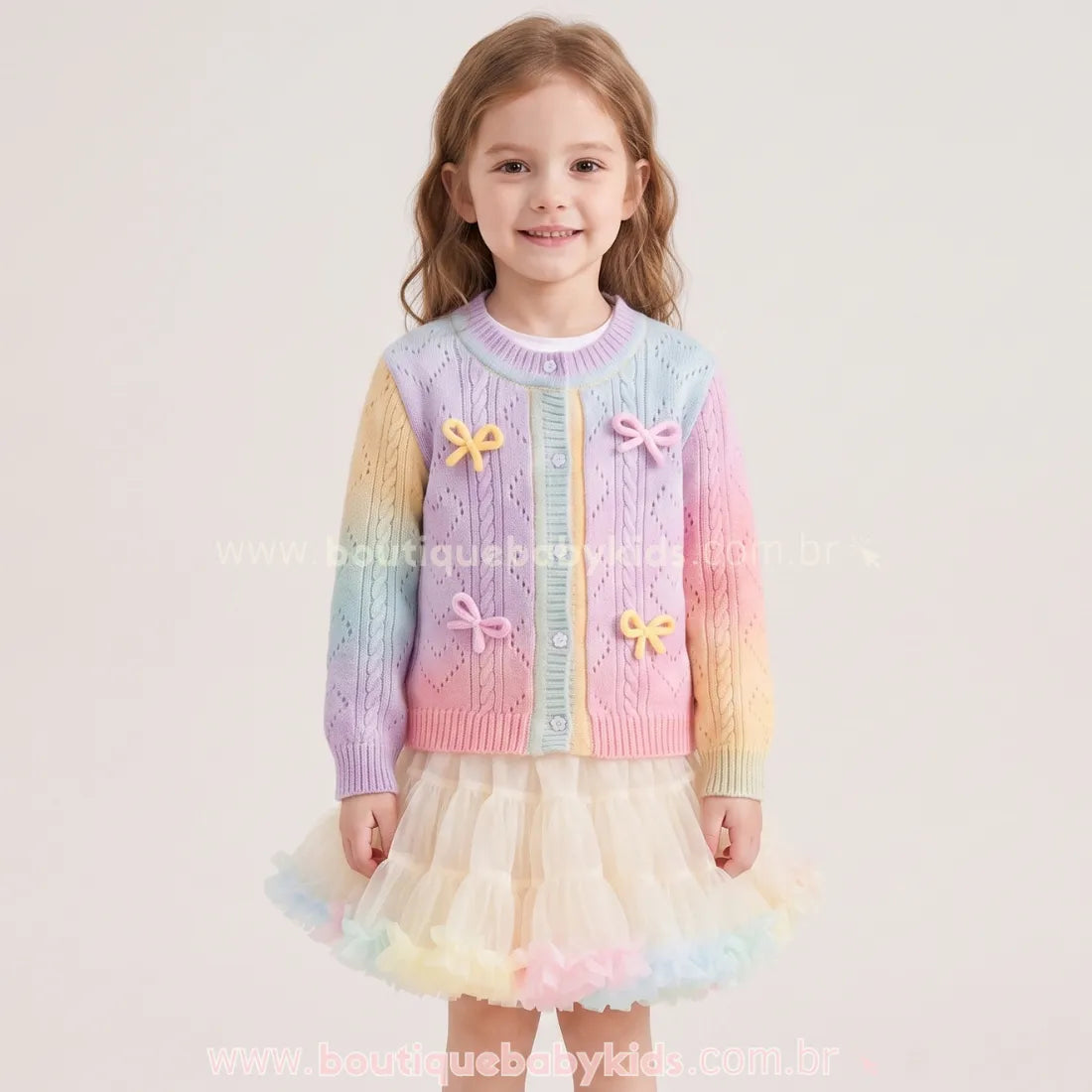 Cardigan Infantil Doce Aquarela em Tricot com Laços - Boutique Baby Kids