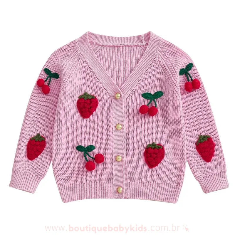 Cardigan Infantil Tricot Bordado Frutinhas Vermelhas (morango e cereja) Rosa - Boutique Baby Kids
