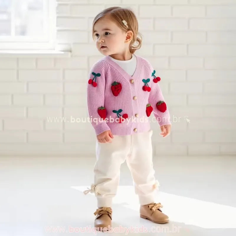 Cardigan Infantil Tricot Bordado Frutinhas Vermelhas (morango e cereja) Rosa - Boutique Baby Kids