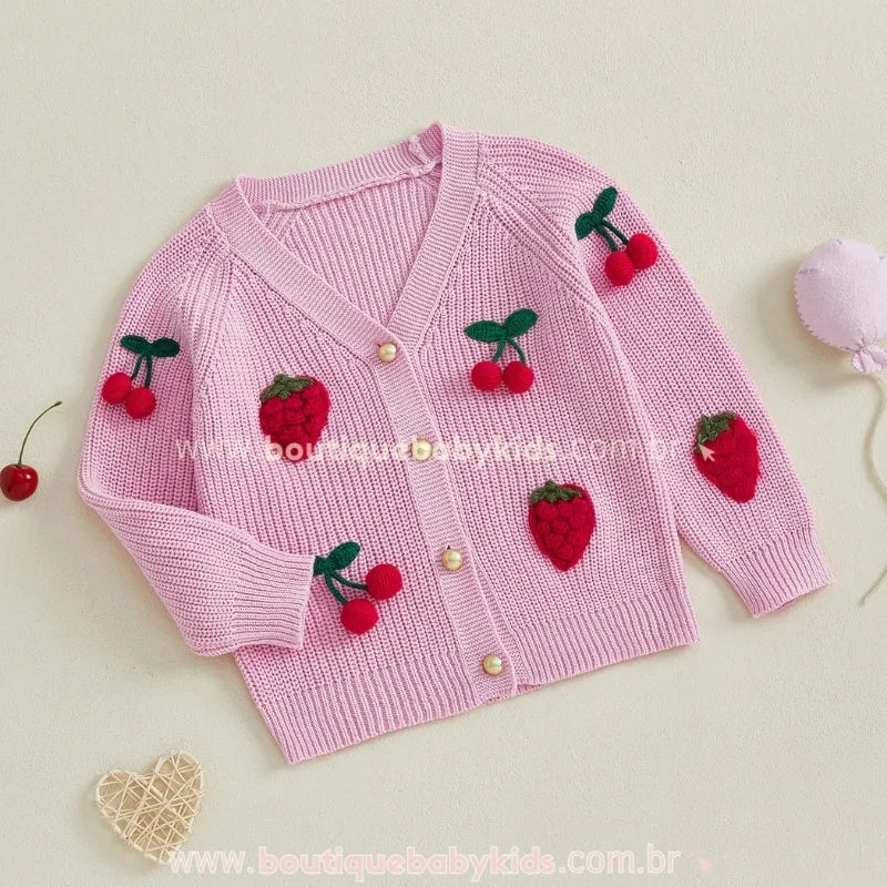 Cardigan Infantil Tricot Bordado Frutinhas Vermelhas (morango e cereja) Rosa - Boutique Baby Kids