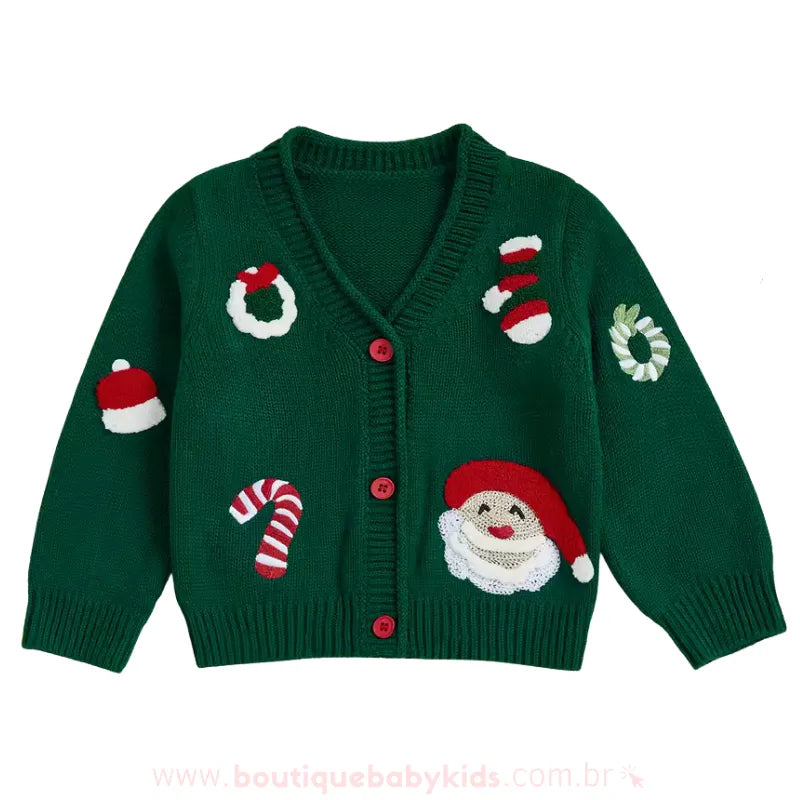 Cardigan Infantil Tricot Natalino Bordado Doce Natal Verde - Boutique Baby Kids