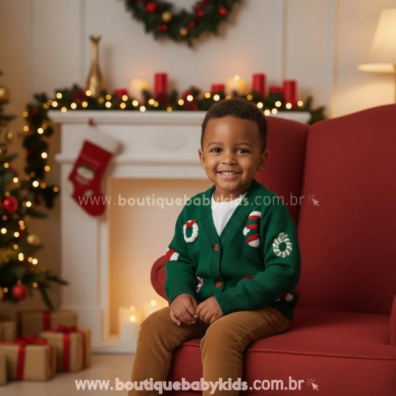 Cardigan Infantil Tricot Natalino Bordado Doce Natal Verde - Boutique Baby Kids