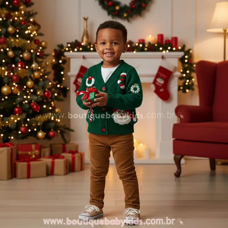 Cardigan Infantil Tricot Natalino Bordado Doce Natal Verde - Boutique Baby Kids