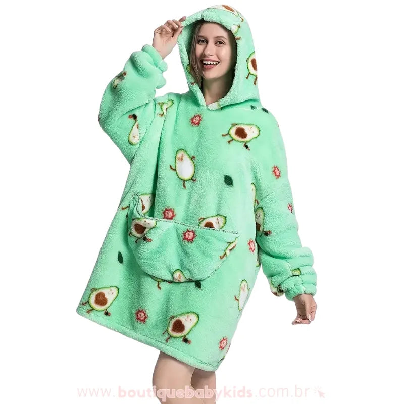 Cobertor de Vestir Feminino Adulto Abacatinho Feliz Oversized Verde com Capuz - Boutique Baby Kids