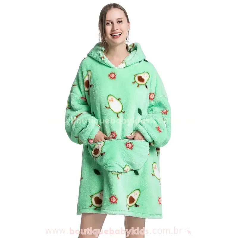 Cobertor de Vestir Feminino Adulto Abacatinho Feliz Oversized Verde com Capuz - Boutique Baby Kids