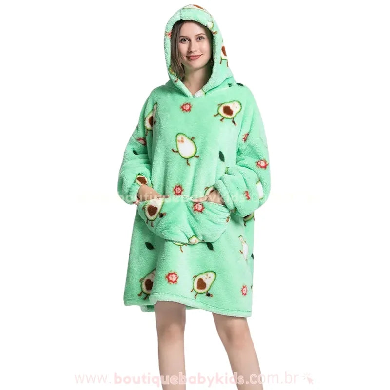 Cobertor de Vestir Feminino Adulto Abacatinho Feliz Oversized Verde com Capuz - Boutique Baby Kids