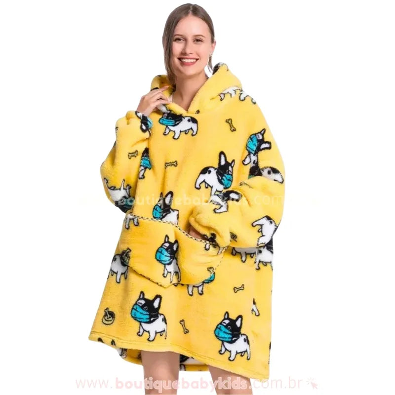 Cobertor de Vestir Adulto Bulldog Mascarado Oversized com Capuz Amarelo - Boutique Baby Kids