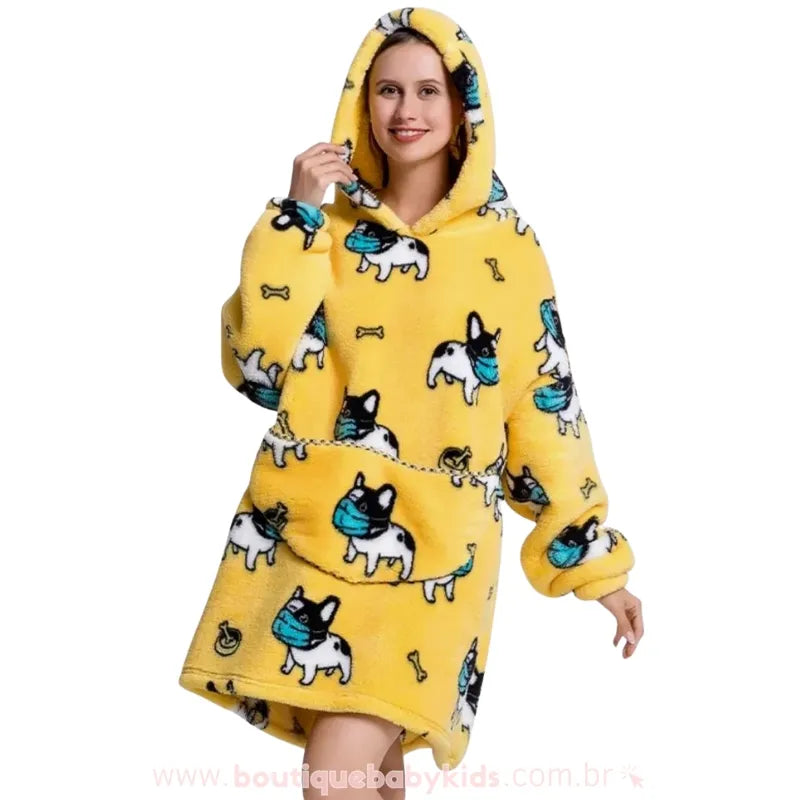 Cobertor de Vestir Adulto Bulldog Mascarado Oversized com Capuz Amarelo - Boutique Baby Kids