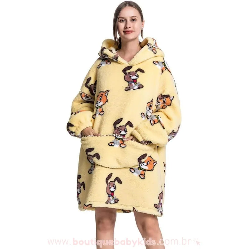 Cobertor de Vestir Adulto Cão e Gato Oversized Amarelo com Capuz - Boutique Baby Kids