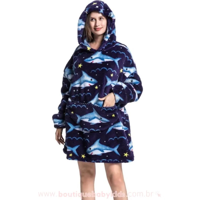 Cobertor de Vestir Adulto Tubarão do Oceano Oversized Azul - Boutique Baby Kids