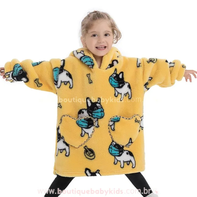 Cobertor de Vestir Infantil Bulldog Mascarado Oversized com Capuz Amarelo - Boutique Baby Kids