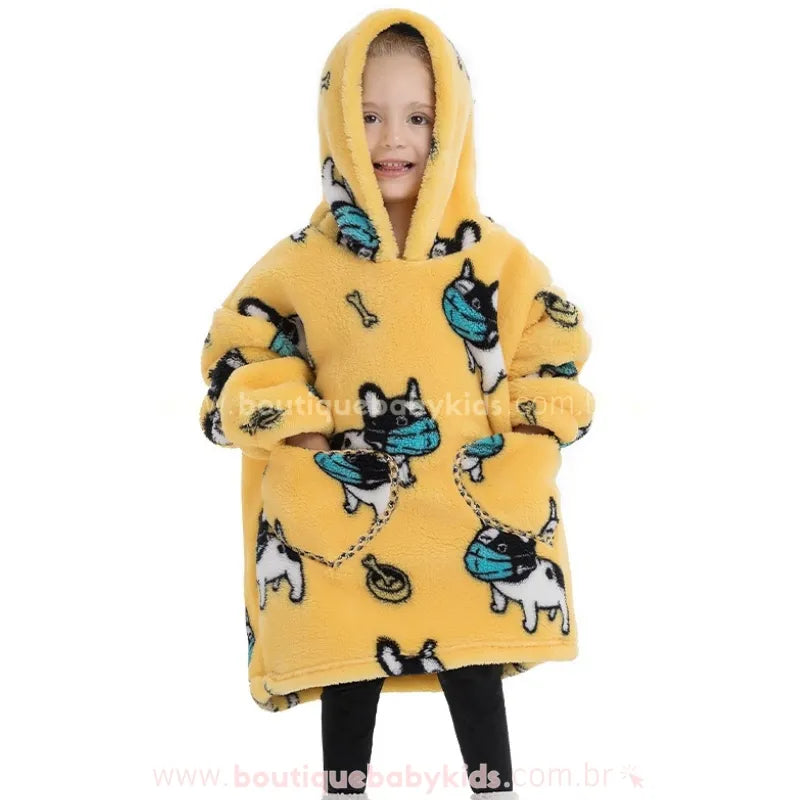 Cobertor de Vestir Infantil Bulldog Mascarado Oversized com Capuz Amarelo - Boutique Baby Kids