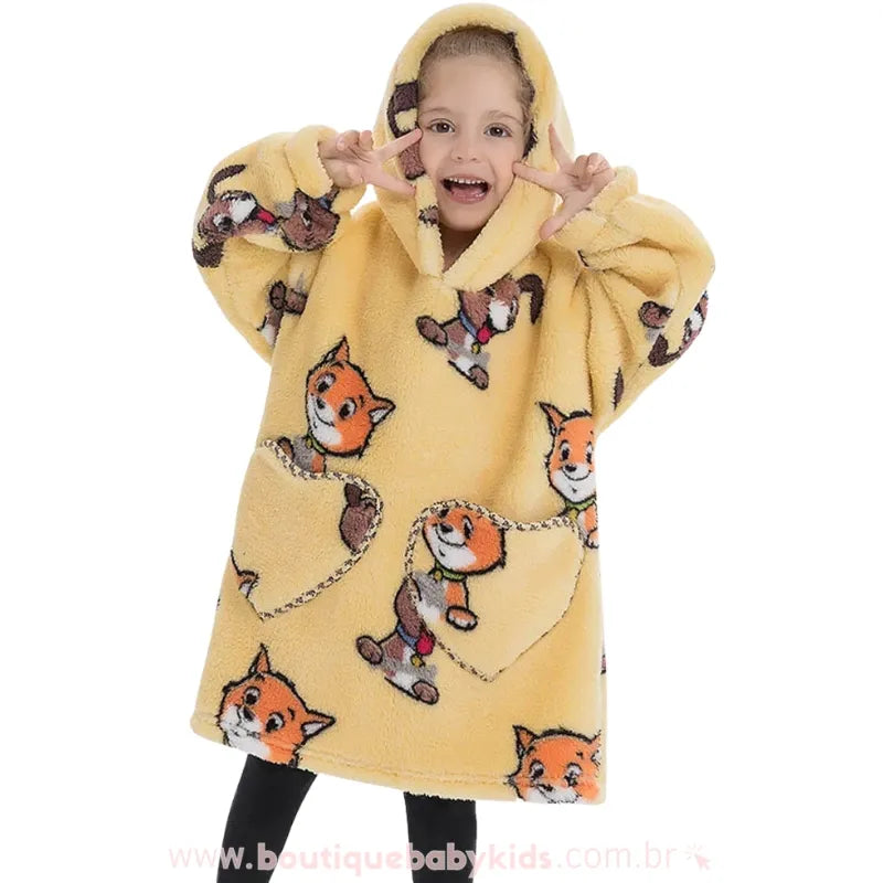 Cobertor de Vestir Infantil Cão e Gato Amarelo Oversized com Capuz - Boutique Baby Kids