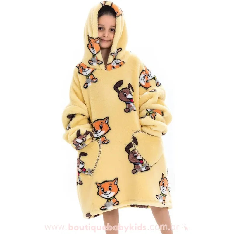 Cobertor de Vestir Infantil Cão e Gato Amarelo Oversized com Capuz - Boutique Baby Kids