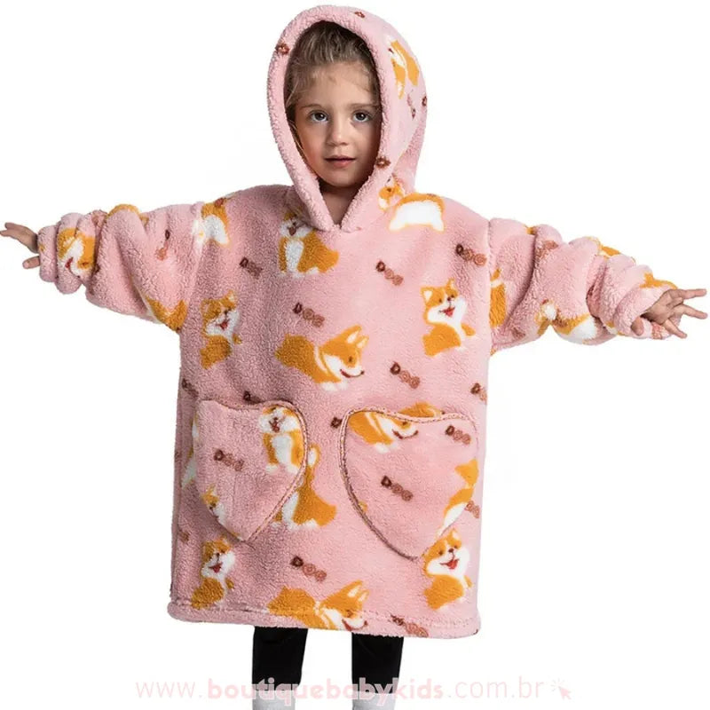 Cobertor de Vestir Infantil Doguinho Corgi com Capuz Oversized Rosa - Boutique Baby Kids