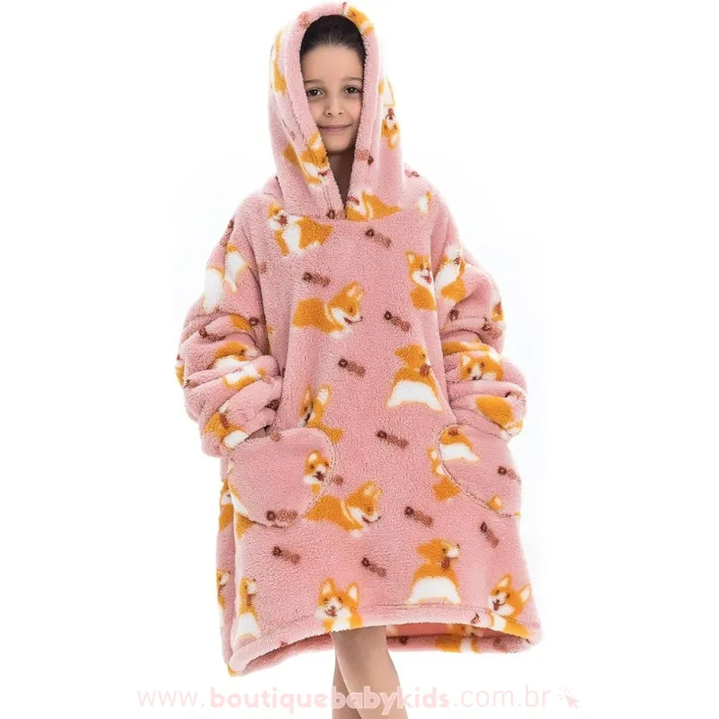 Cobertor de Vestir Infantil Doguinho Corgi com Capuz Oversized Rosa - Boutique Baby Kids