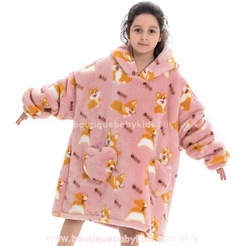 Cobertor de Vestir Infantil Doguinho Corgi com Capuz Oversized Rosa - Boutique Baby Kids