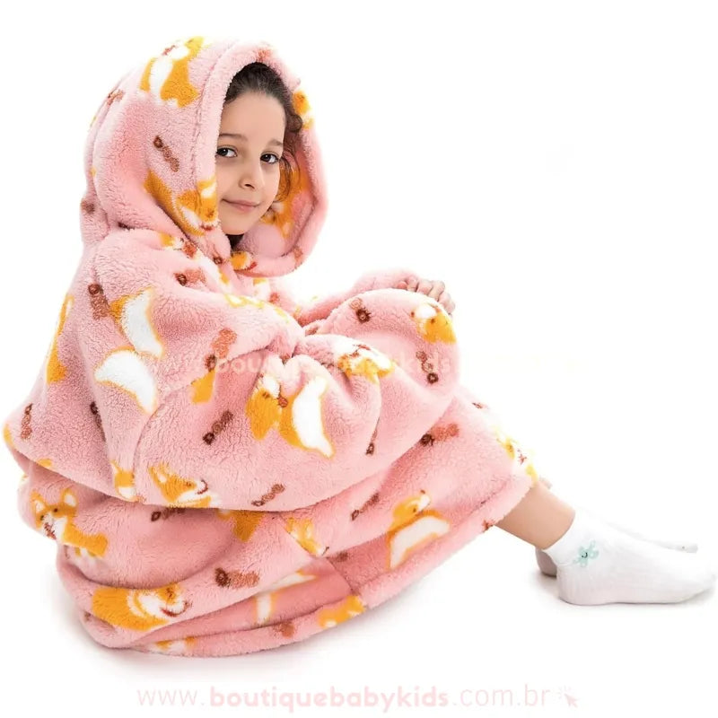 Cobertor de Vestir Infantil Doguinho Corgi com Capuz Oversized Rosa - Boutique Baby Kids