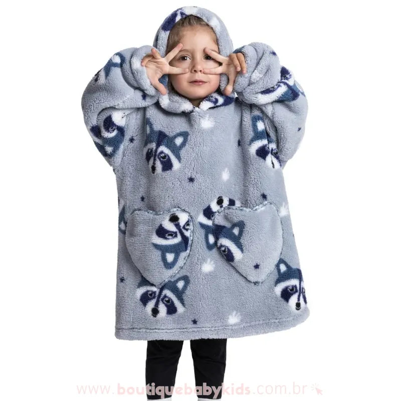 Cobertor de Vestir Infantil Guaxinim Travesso Oversized Azul com Capuz  - Boutique Baby Kids
