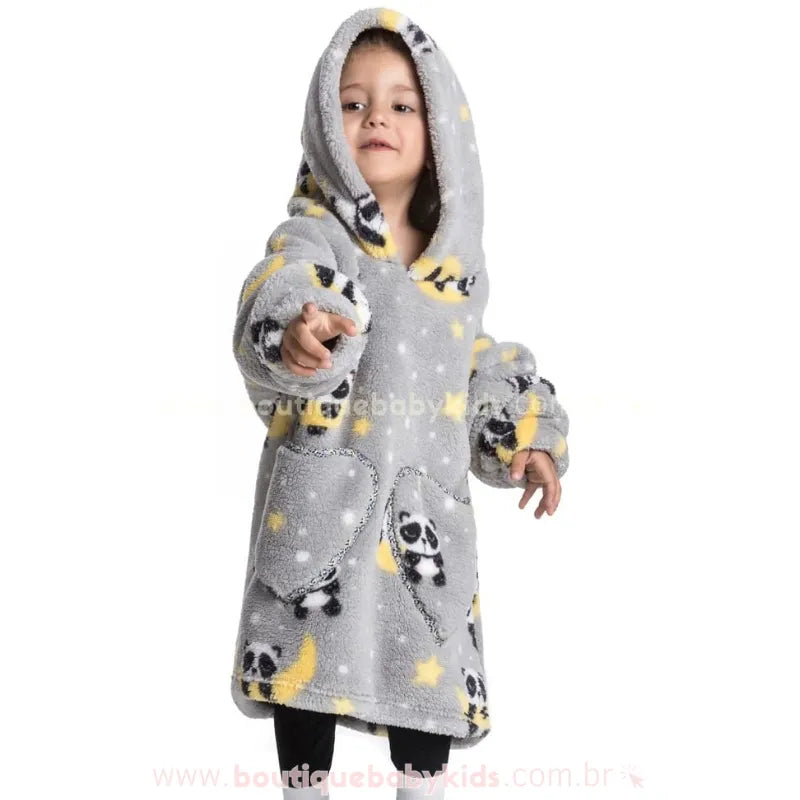 Cobertor de Vestir Infantil Ursinho Panda Sonhador Oversized Cinza com Capuz - Boutique Baby Kids