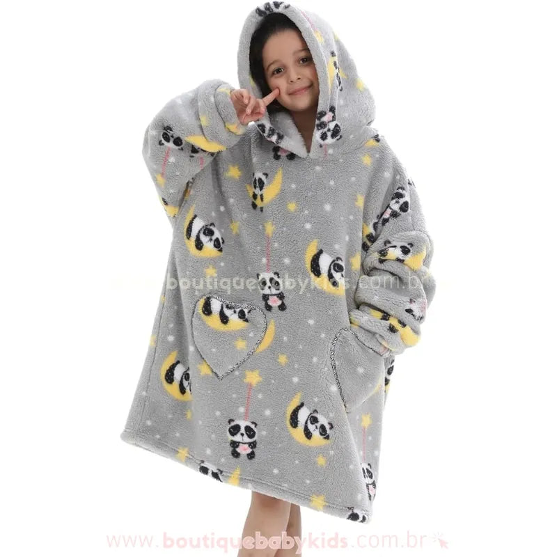 Cobertor de Vestir Infantil Ursinho Panda Sonhador Oversized Cinza com Capuz - Boutique Baby Kids