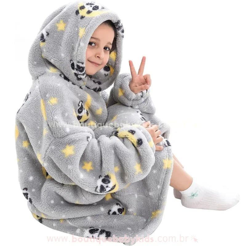 Cobertor de Vestir Infantil Ursinho Panda Sonhador Oversized Cinza com Capuz - Boutique Baby Kids