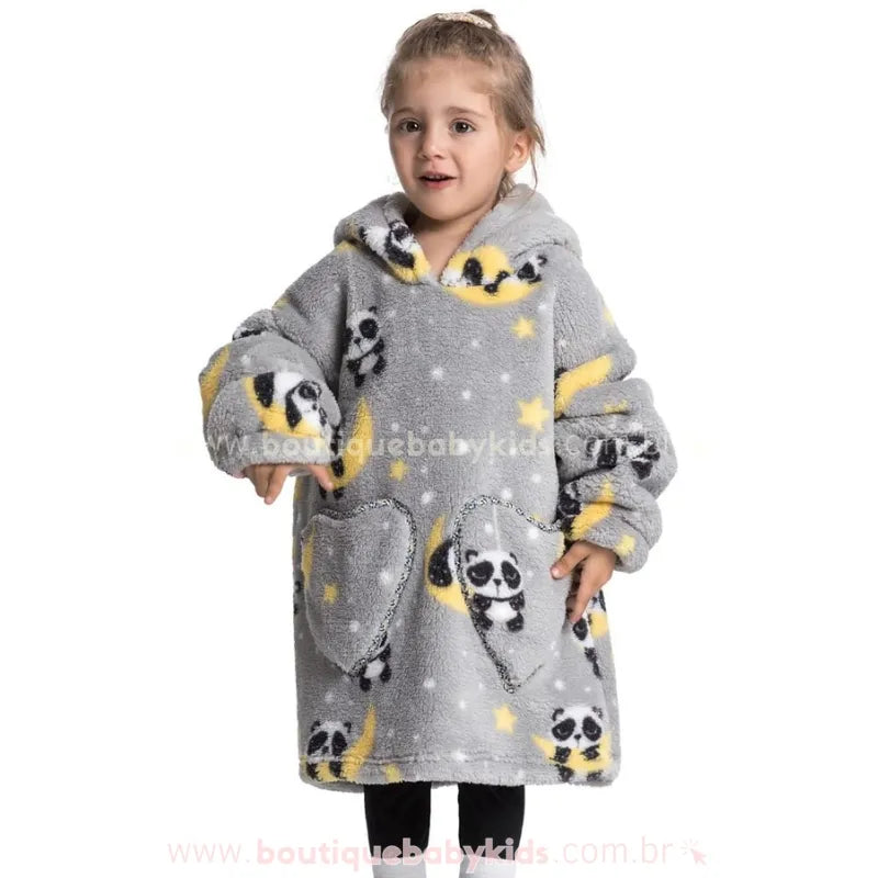 Cobertor de Vestir Infantil Ursinho Panda Sonhador Oversized Cinza com Capuz - Boutique Baby Kids