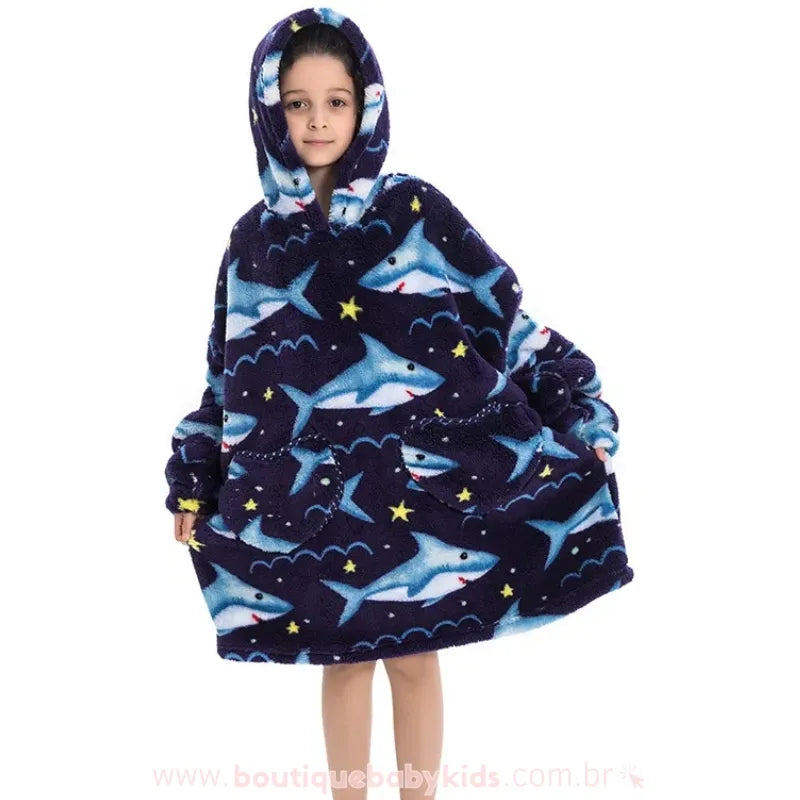 Cobertor de Vestir Infantil Tubarão do Oceano Oversized Azul com Capuz - Boutique Baby Kids