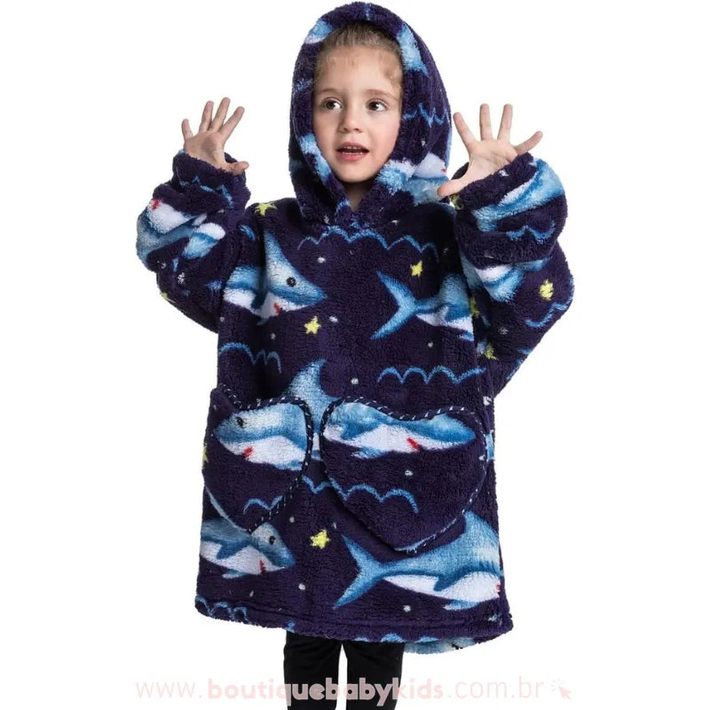 Cobertor de Vestir Infantil Tubarão do Oceano Oversized Azul com Capuz - Boutique Baby Kids